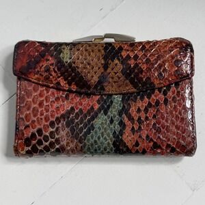 Vintage Bosca Genuine Python Skin Trifold Wallet Kiss Lock Coin Purse Brown Red